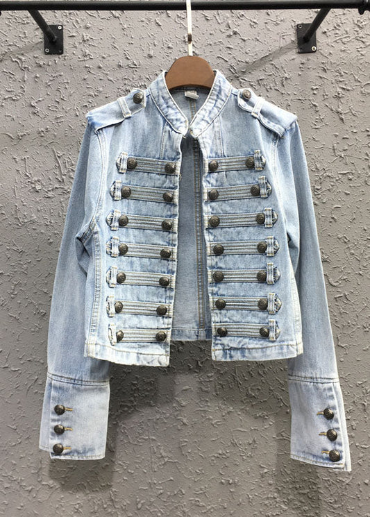 Light Blue Stand Collar Patchwork Button Jacket Fall