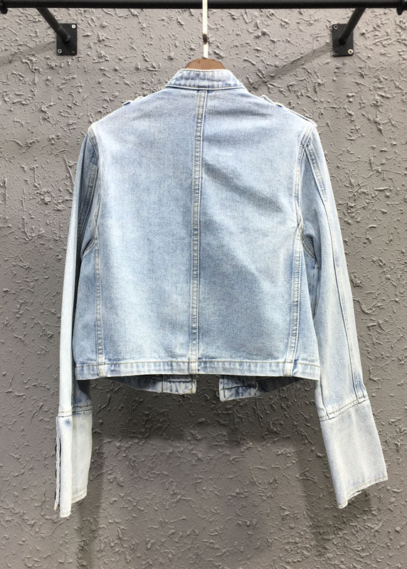 Light Blue Stand Collar Patchwork Button Jacket Fall