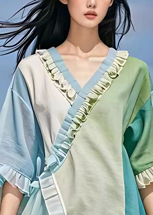 Light Blue V Neck Ruffled Chiffon Dress Summer