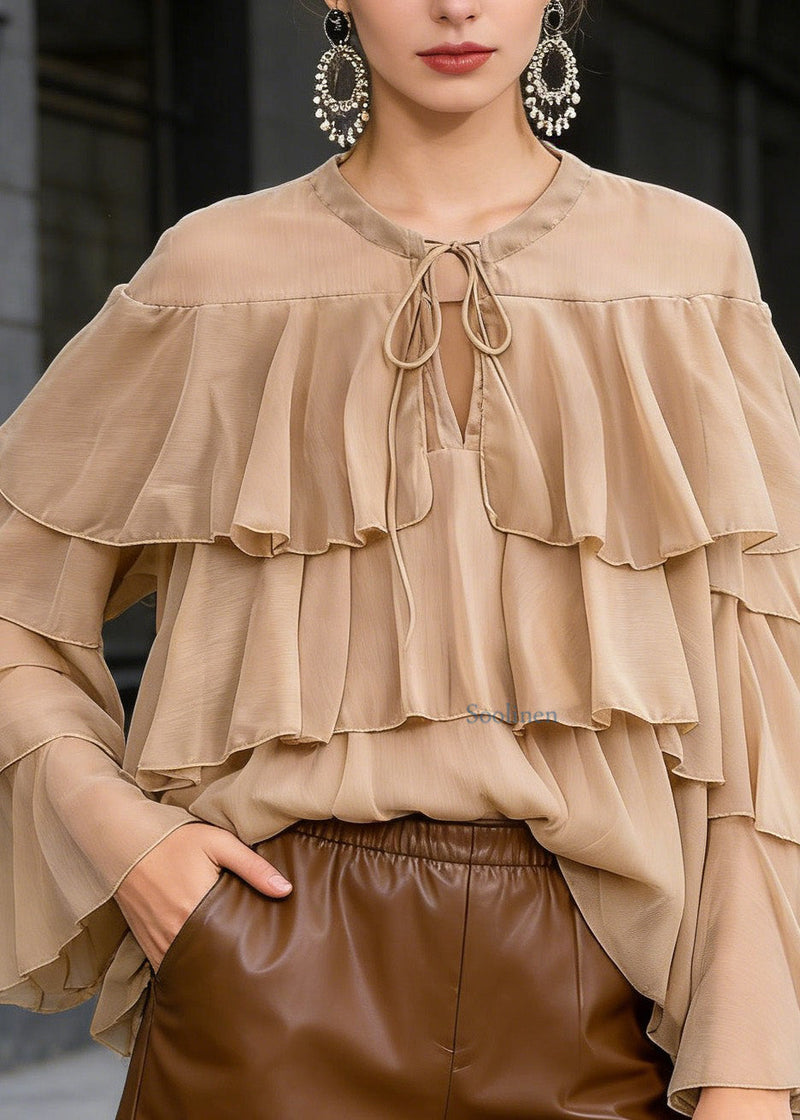 Light Brown O Neck Ruffled Patchwork Chiffon Blouses Spring