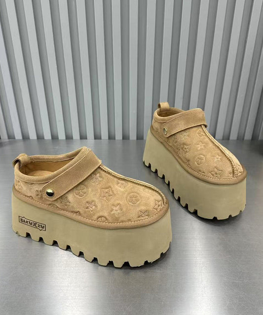 Light Camel Suede Embossed Splicing Platform Slide Sandals