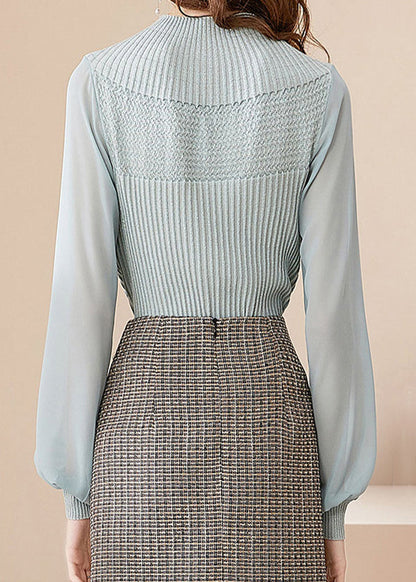 Light Green Half Turtleneck Tulle Patchwork Woolen Sweaters Lantern Sleeve