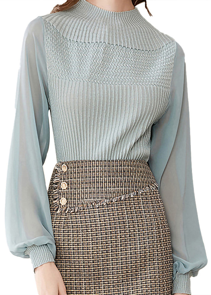 Light Green Half Turtleneck Tulle Patchwork Woolen Sweaters Lantern Sleeve