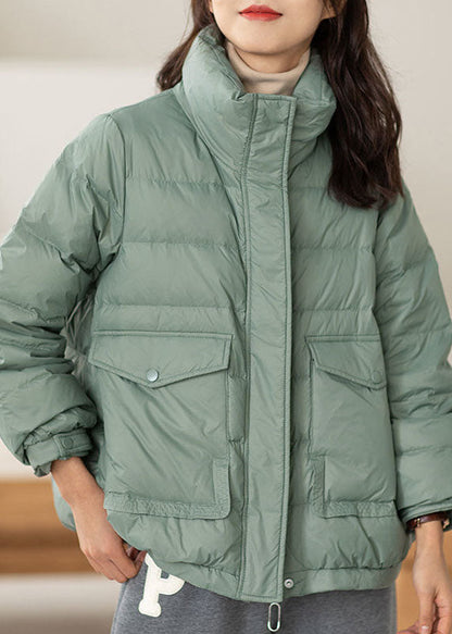 Light Green Stand Collar Zip Up Pockets Duck Down Puffers Jackets Winter