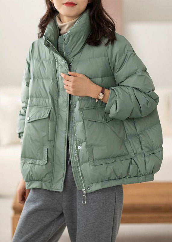 Light Green Stand Collar Zip Up Pockets Duck Down Puffers Jackets Winter