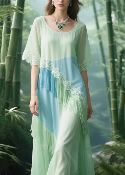 Light Green Tasseled Patchwork Lace Tulle Long Dresses Summer