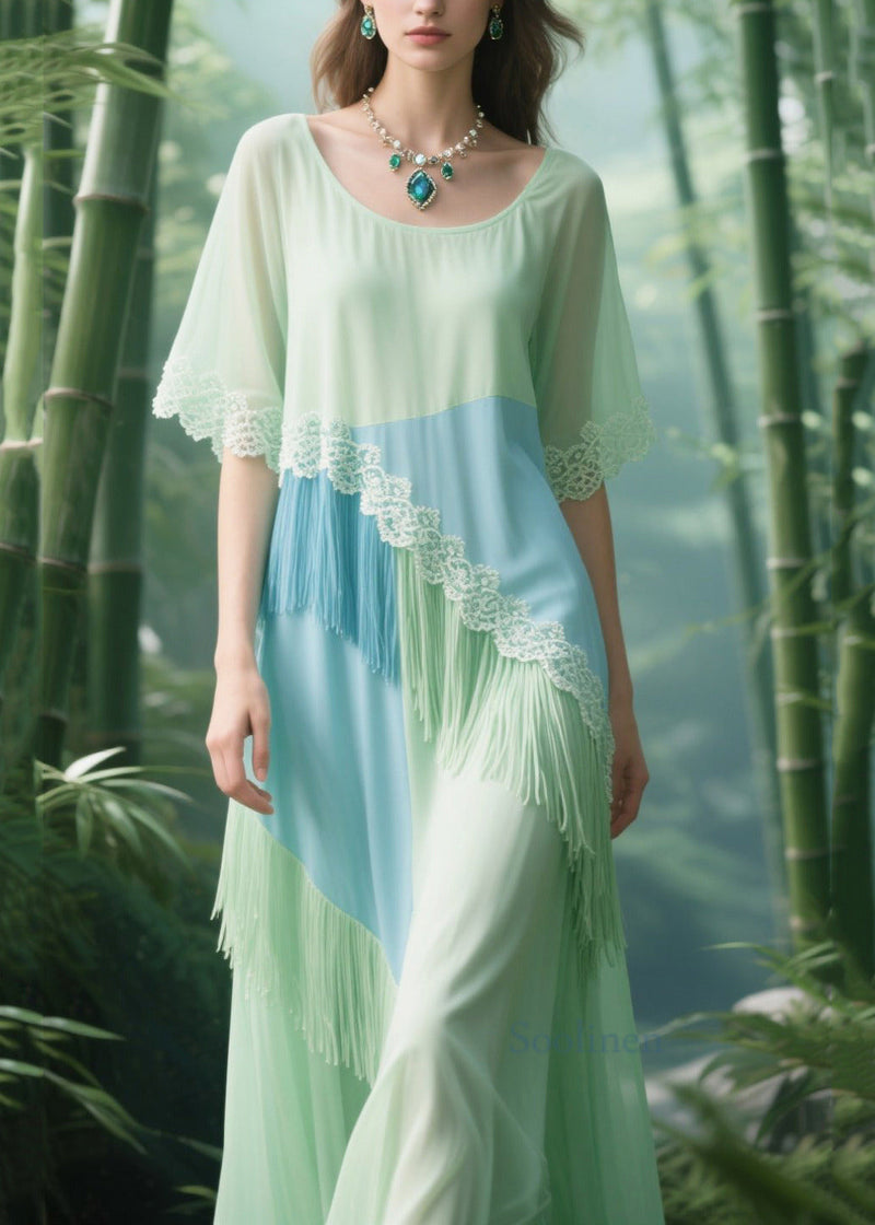 Light Green Tasseled Patchwork Lace Tulle Long Dresses Summer