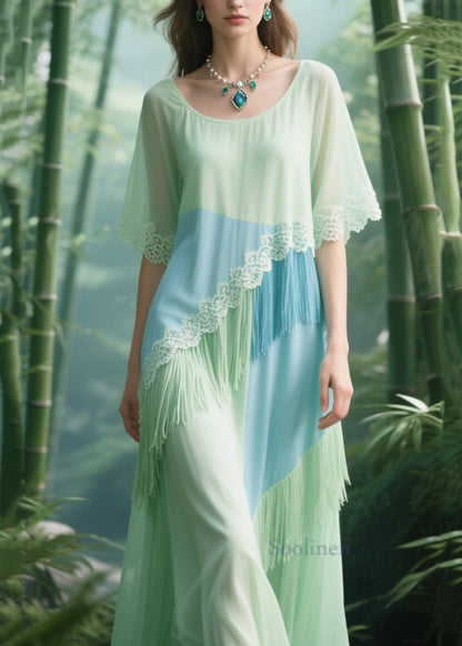 Light Green Tasseled Patchwork Lace Tulle Long Dresses Summer
