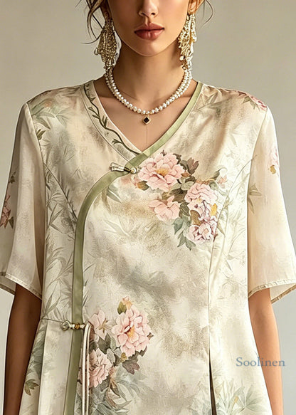 Light Green V Neck Patchwork Button Chiffon Top Summer