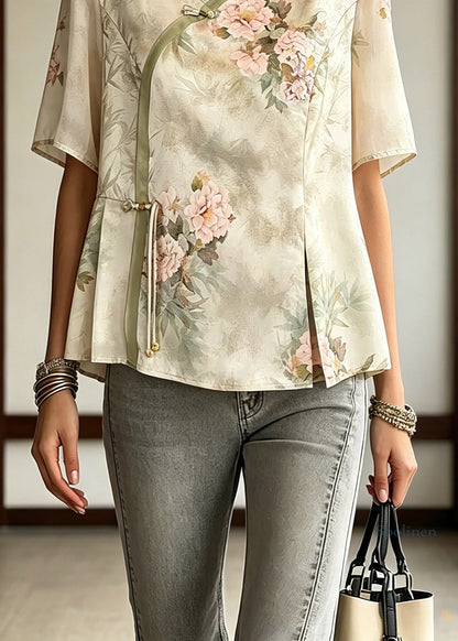 Light Green V Neck Patchwork Button Chiffon Top Summer