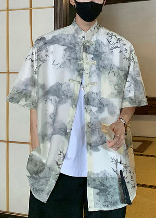 Light Grey Chinese Button Print Ice Silk Shirts Summer