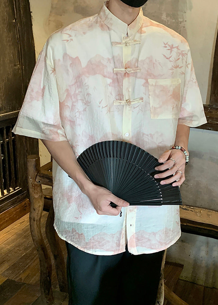 Light Grey Chinese Button Print Ice Silk Shirts Summer