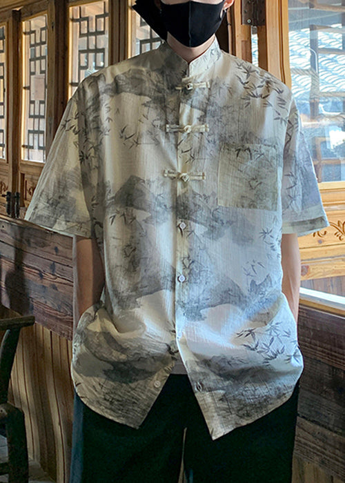 Light Grey Chinese Button Print Ice Silk Shirts Summer
