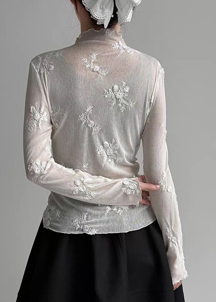 Chic Light Grey Embroidered Tulle T Shirt Spring