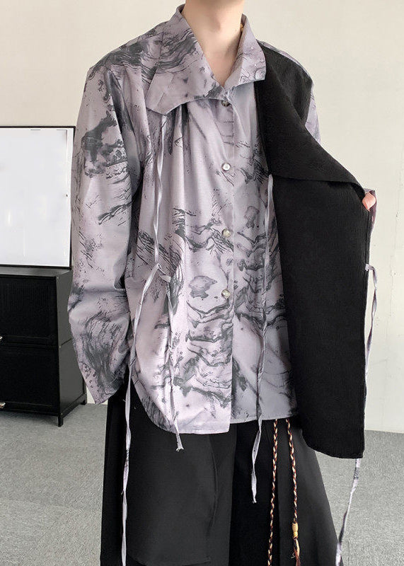 Light Grey Lace Up Print Patchwork Shirts Long Sleeve