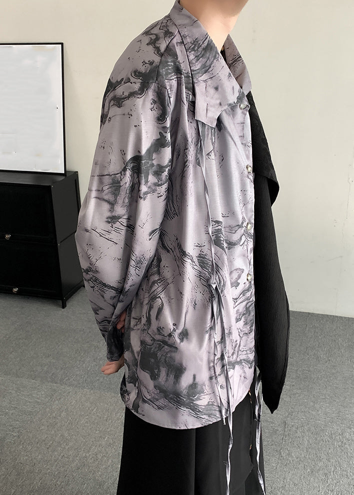 Light Grey Lace Up Print Patchwork Shirts Long Sleeve