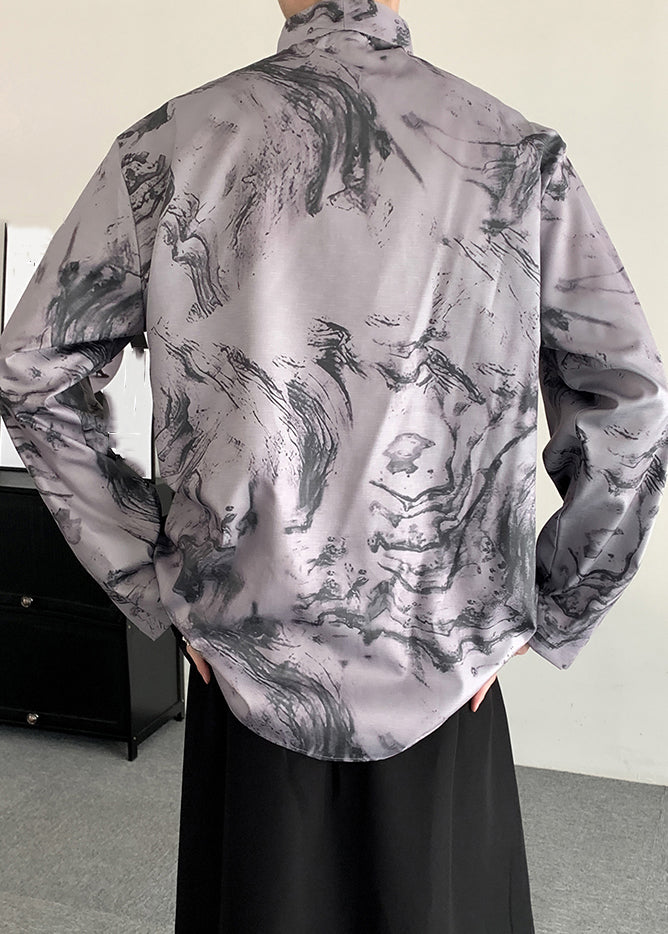 Light Grey Lace Up Print Patchwork Shirts Long Sleeve