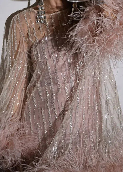 Light Pink Fluffy Sequins Patchwork Tulle Mid Dress Spring