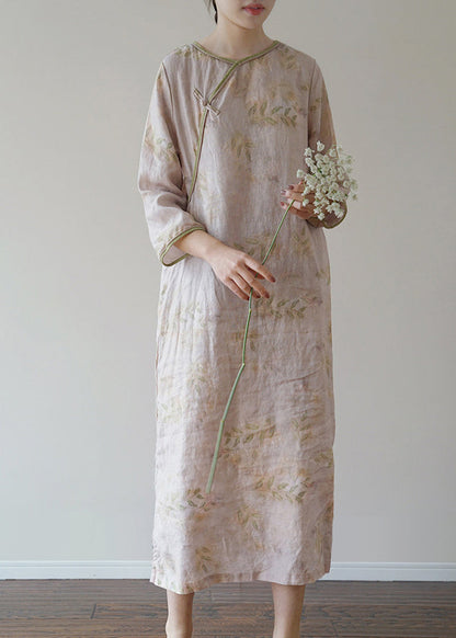 Light Pink O-neck Side Open Print Linen Dresses Three Quarter Sleeve