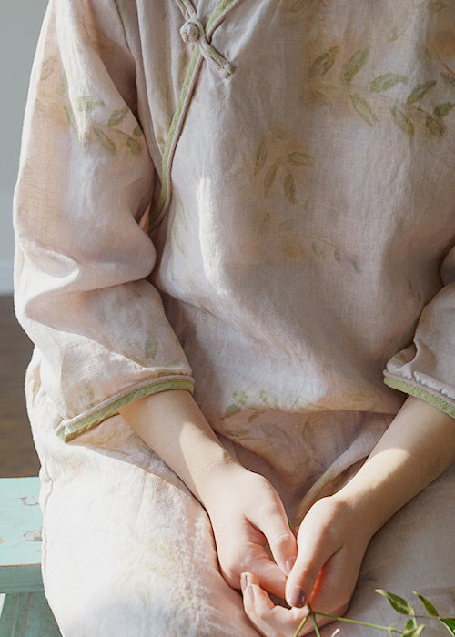 Light Pink O-neck Side Open Print Linen Dresses Three Quarter Sleeve
