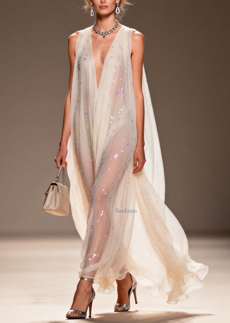 Loose V Neck Zircon Chiffon Dress Sleeveless