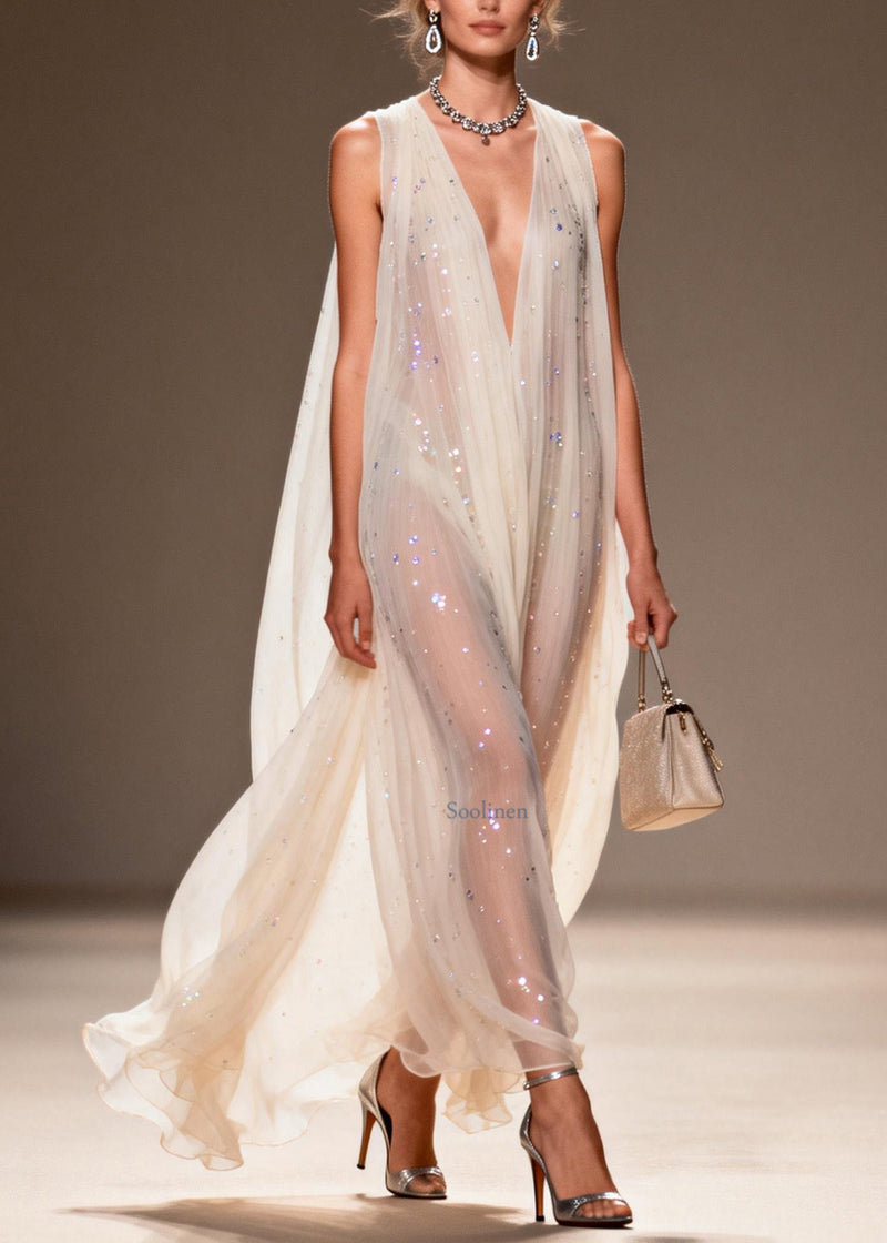 Loose V Neck Zircon Chiffon Dress Sleeveless