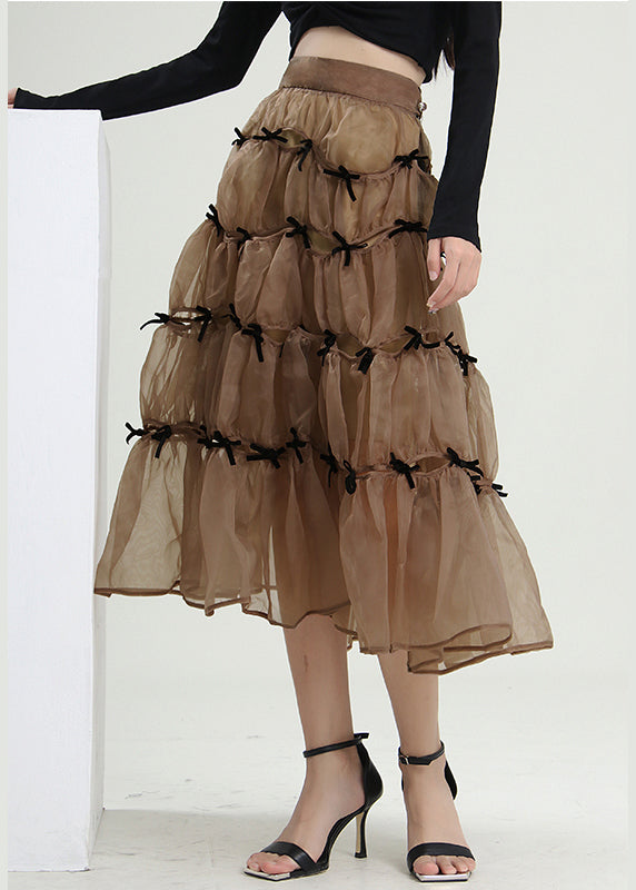 Milk Tea Color Bow Wrinkled Skirts Spring