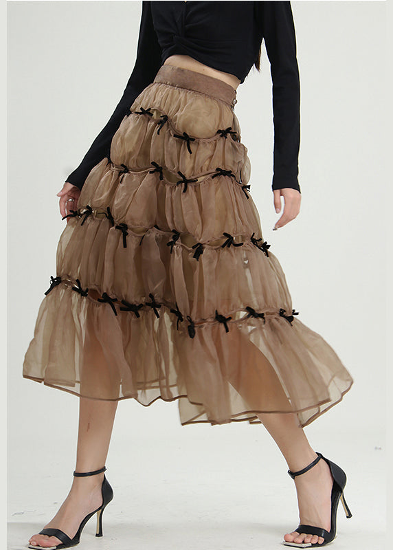 Milk Tea Color Bow Wrinkled Skirts Spring
