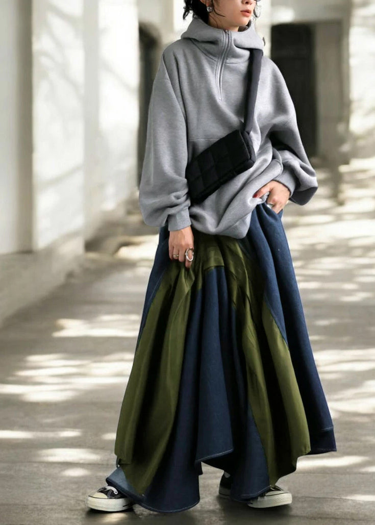 Mixed Color Asymmetrical Patchwork Denim Skirt Summer