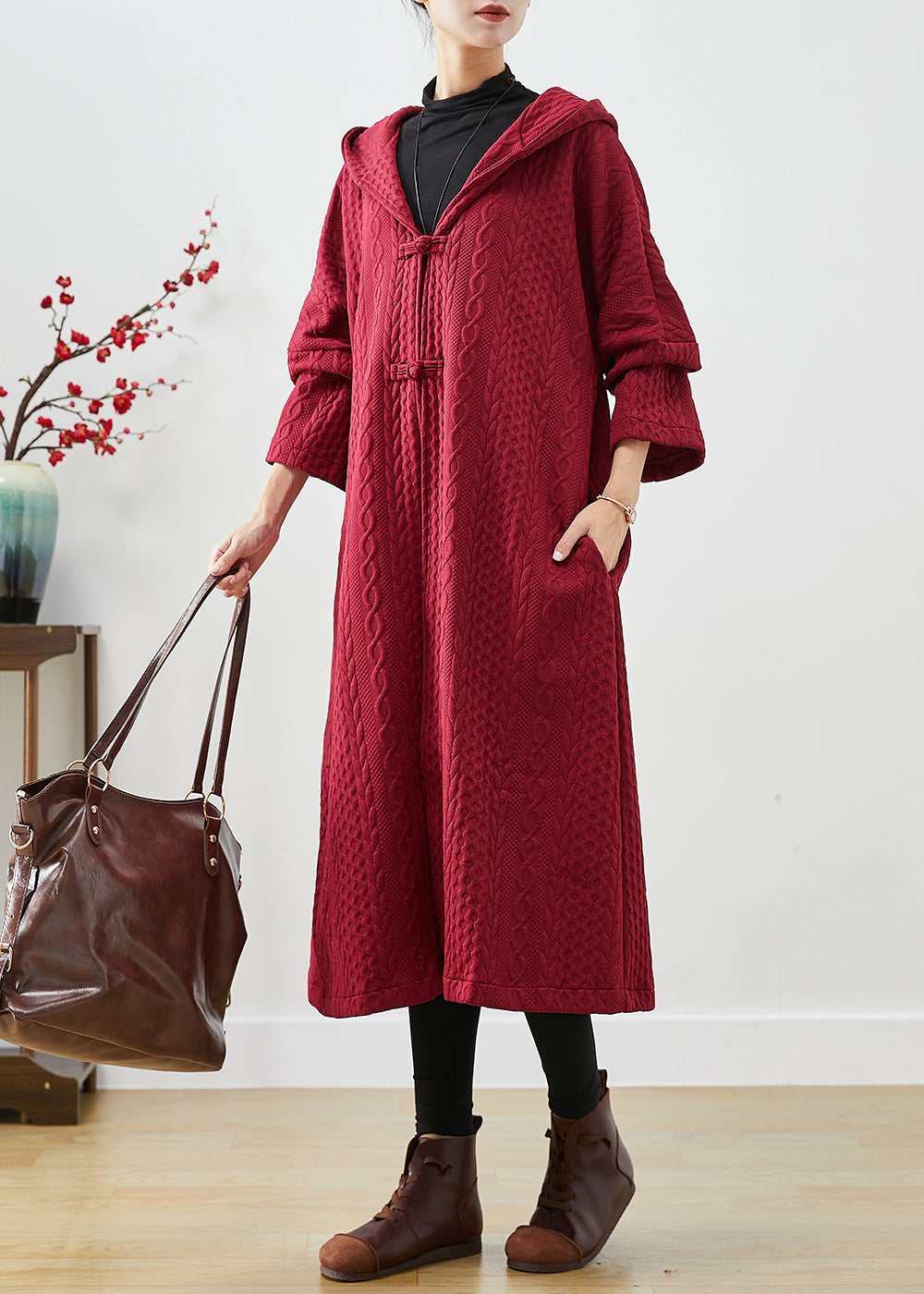 Mulberry Hooded Chinese Button Cotton Trench Coat Fall