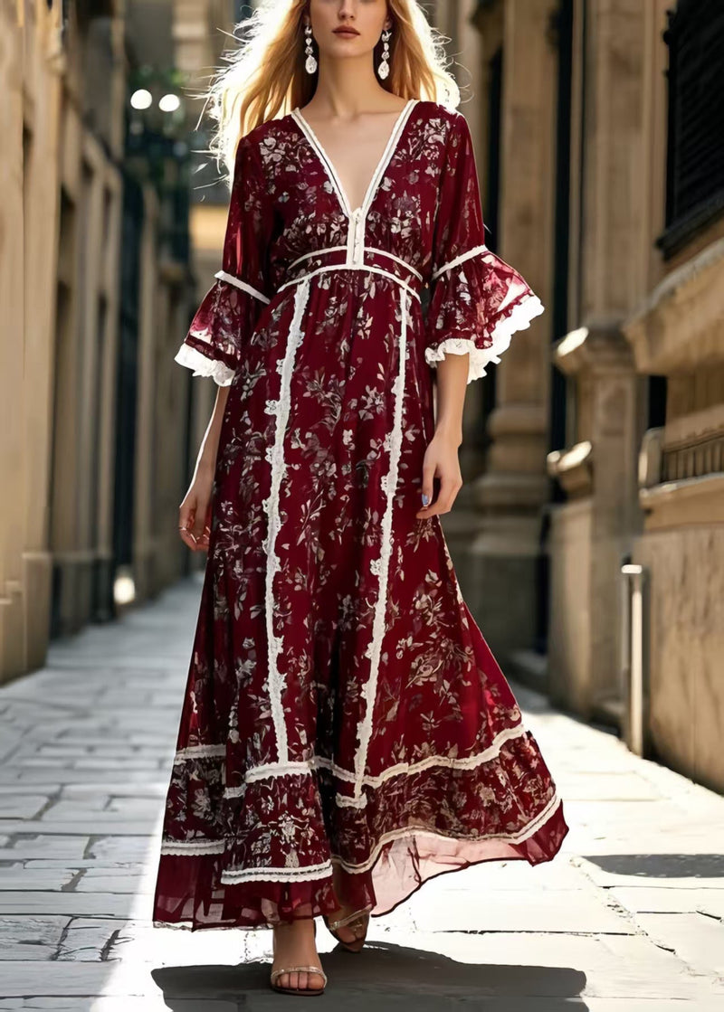 Mulberry Print Lace Patchwork Silk Long Dress Summer