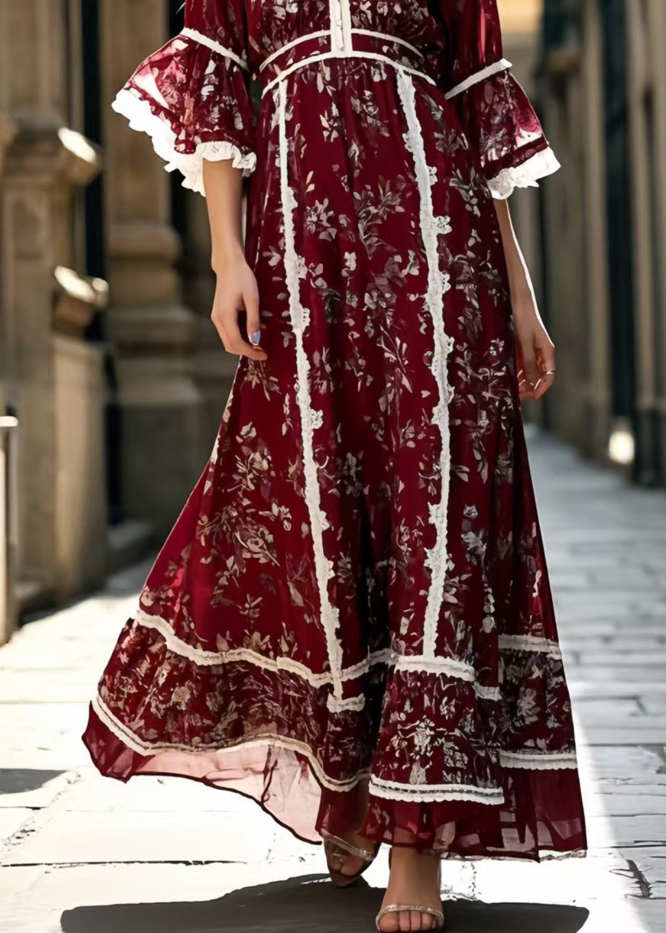 Mulberry Print Lace Patchwork Silk Long Dress Summer