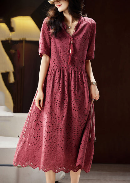Mulberry V Neck Hollow Out Sashes Cotton Maxi Dress Short Sleeve