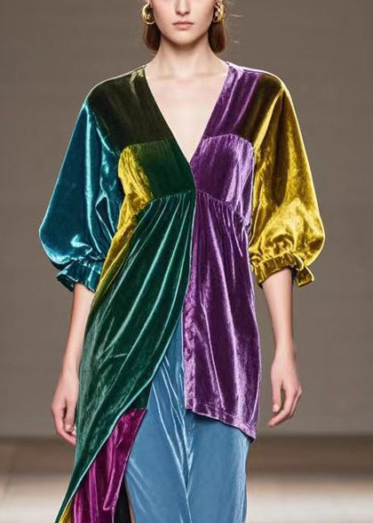 Multicolor Asymmetrical Patchwork Silk Velvet Dress Half Sleeve