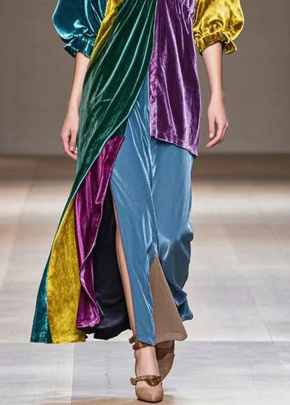 Multicolor Asymmetrical Patchwork Silk Velvet Dress Half Sleeve
