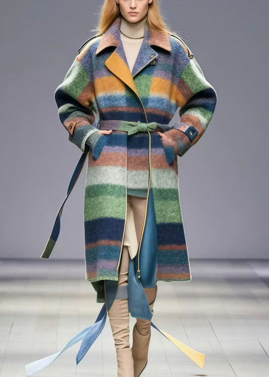 Multicolor Tie Waist Striped Woolen Coat Fall