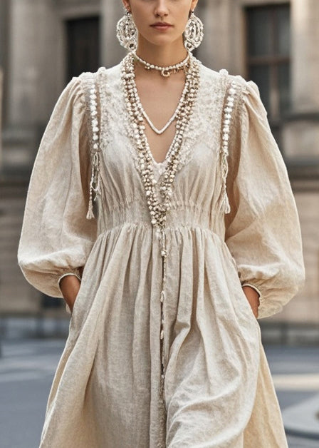 Nail Bead V Neck Cotton Holiday Dress Spring
