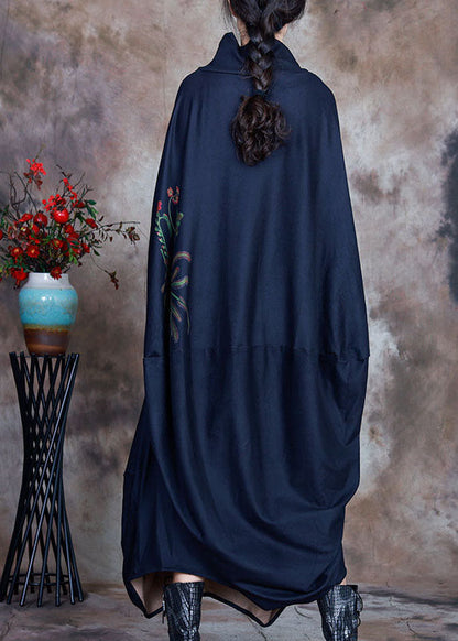 Navy Asymmetrical Print Velour Holiday Dress Winter