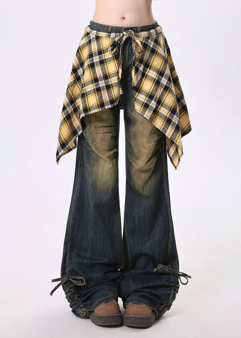 Navy Cinched Exra Large Hem Denim Flared Trousers Pants Spring