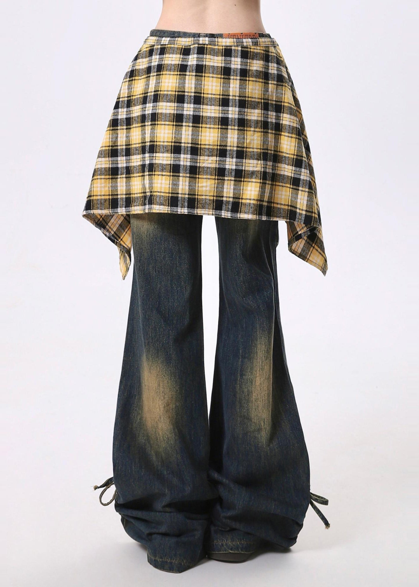 Navy Cinched Exra Large Hem Denim Flared Trousers Pants Spring