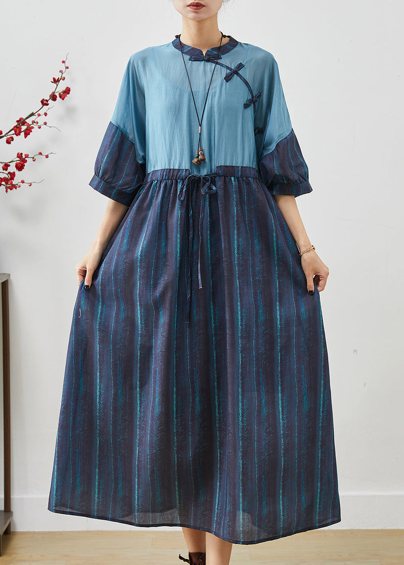 Navy Cinched Patchwork Striped Linen Dresses Summer