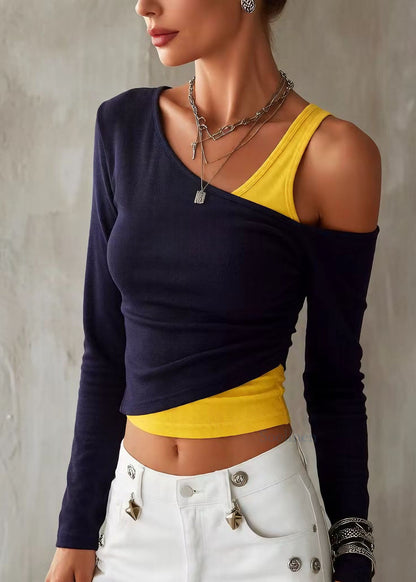 Chic Navy Cold Shoulder Patchwork False Two Pieces Cotton T Shirt Spring