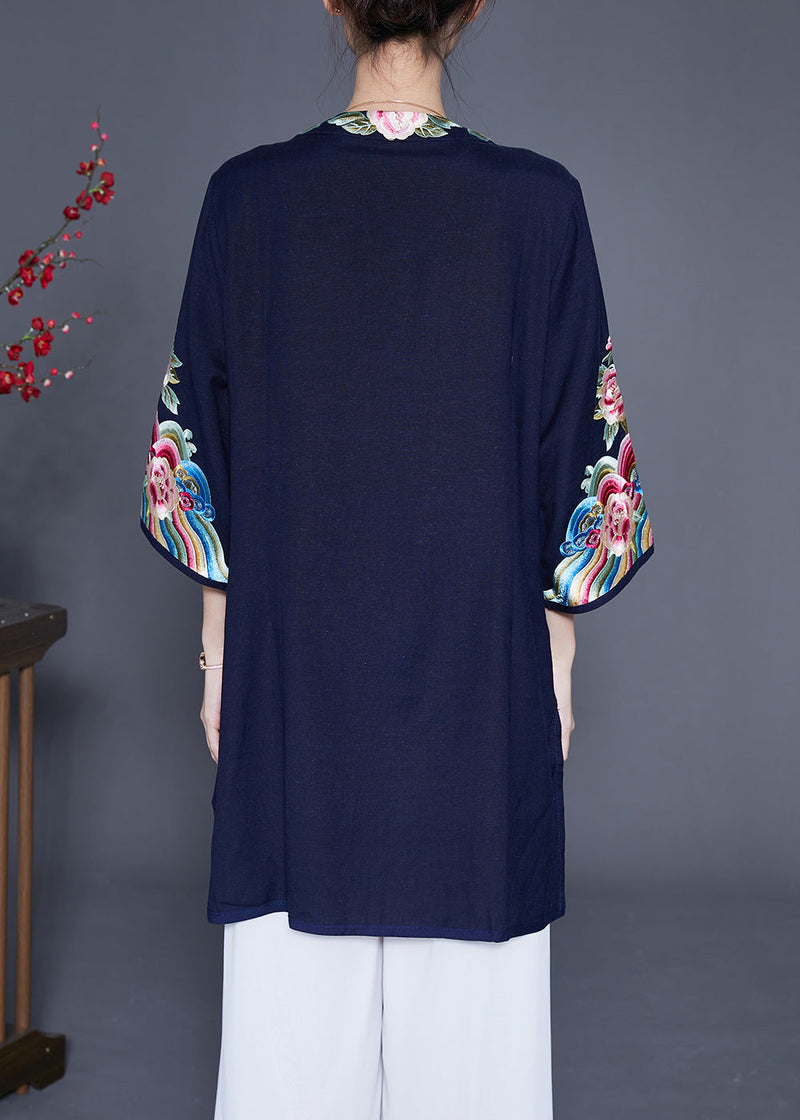 Navy Embroideried Linen Long Shirt Bracelet Sleeve