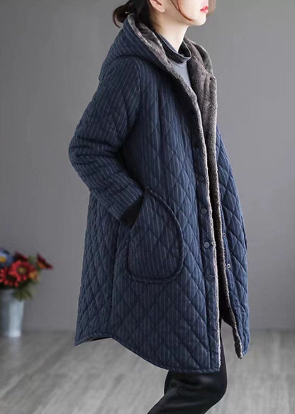 Navy Hooded Striped Warm Fleece Parka Winter