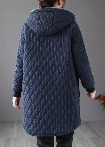 Navy Hooded Striped Warm Fleece Parka Winter