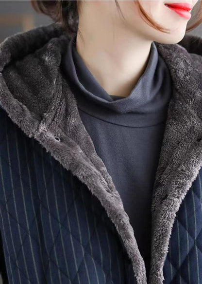 Navy Hooded Striped Warm Fleece Parka Winter