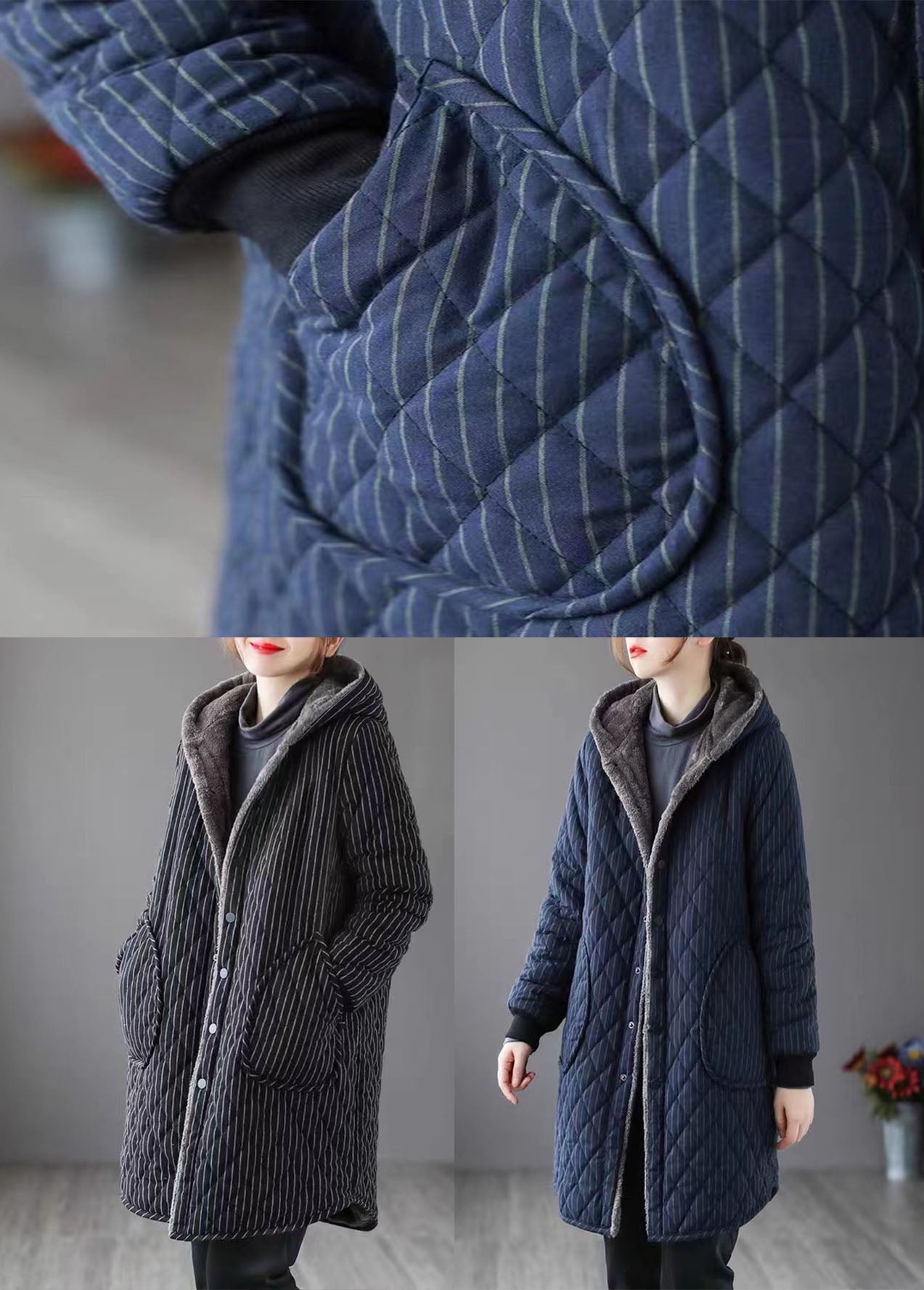Navy Hooded Striped Warm Fleece Parka Winter