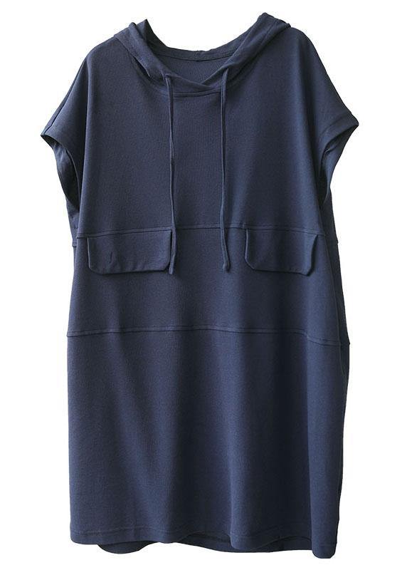 Navy Hooded Drawstring Patchwork Fall Short Sleeve Dress