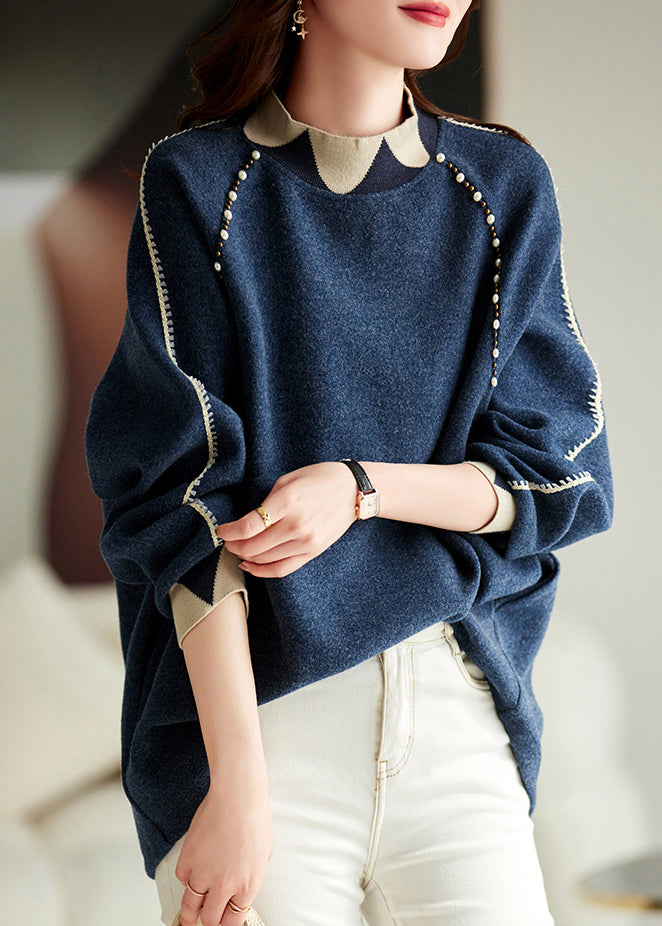 Navy Nail Bead Thick Patchwork Woolen Knitted Tops Winter