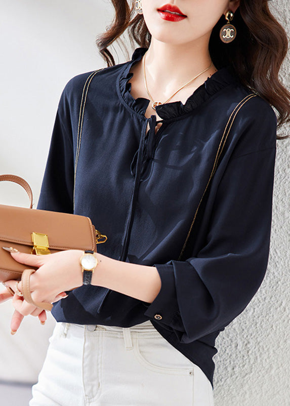 Navy Neck Tie Patchwork Chiffon Shirt Long Sleeve